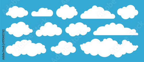 Cloud set. Fluffy white cumulus clouds collection isolated on blue sky background. Flat simple vector illustration of cloudscape elements for banner design, flyers, covers, and websites. Cloudy day