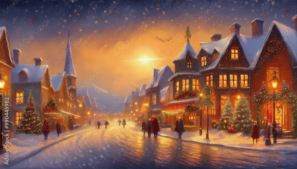An oil painting capturing an evening in a Christmas town, showcasing glowing houses adorned with festive decorations. The warm colors create a cozy atmosphere, evoking the joy of the holiday season An oil painting capturing an evening in a Christmas town, showcasing glowing houses adorned with festive decorations. The warm colors create a cozy atmosphere, evoking the joy of the holiday season
