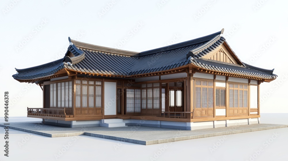 Obraz premium Traditional Asian house with curved roof and wooden windows.
