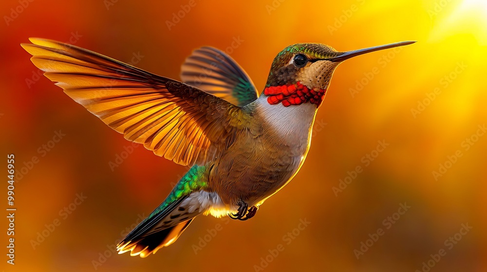 Fototapeta premium A hummingbird flying through the air with its wings spread