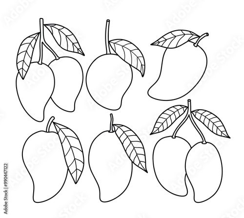 Hand drawn Outline black mango. doodle fruits set white doodle style.