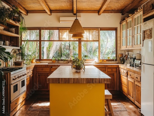 A cozy kitchen featuring warm wooden cabinets, a mustard yellow island in the center photo