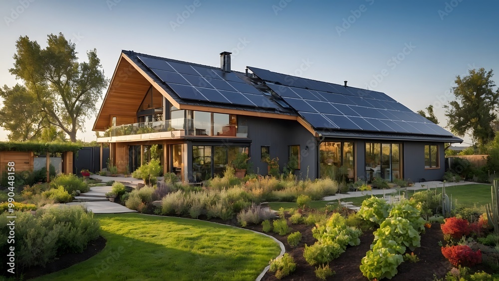 Modern Eco-Friendly House With Solar Panels in a Lush Garden During a Sunny Evening Modern Eco-Friendly House With Solar Panels in a Lush Garden During a Sunny Evening