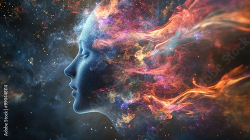 Abstract portrait of a woman with colorful nebulae and a starry background.