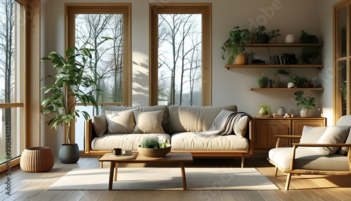 Bright and Airy Scandinavian Minimalist Living Room Featuring Cozy Sofa, Armchair, Wooden Furniture, Indoor Plant, and Expansive Daylight Window