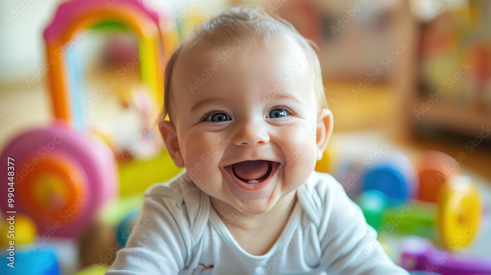 A happy baby smiling brightly, with a playful expression and colorful toys in the background. 
