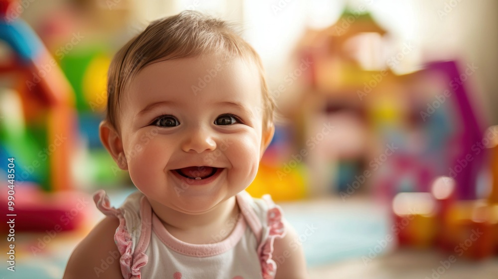 A happy baby smiling brightly, with a playful expression and colorful toys in the background. s A happy baby smiling brightly, with a playful expression and colorful toys in the background. s