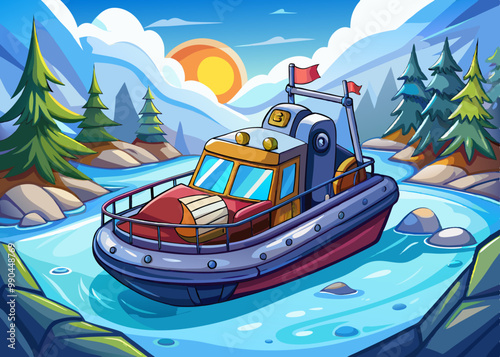 cartoon vector illustration of trawler cabin boat, blue sea and north pole snow isolated background, research