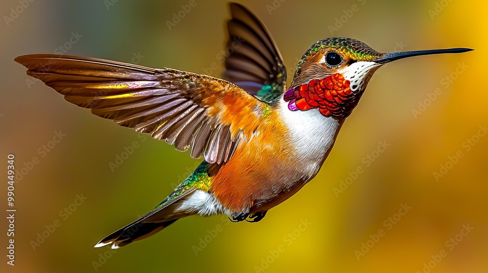 Fototapeta premium A hummingbird flying through the air with its wings spread