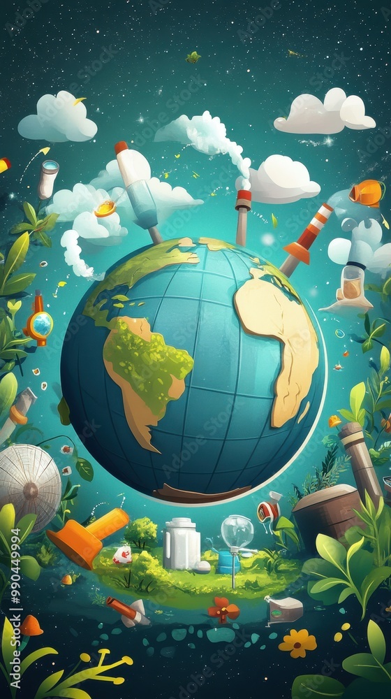 Naklejka premium The globe is surrounded by symbols illustrating pollution and conservation efforts in contrast