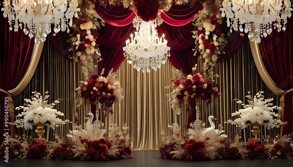 Obraz premium red and white flowers A luxurious wedding backdrop with crystal chandeliers, velvet drapes, and cascading floral arrangements in rich tones of burgundy and gold