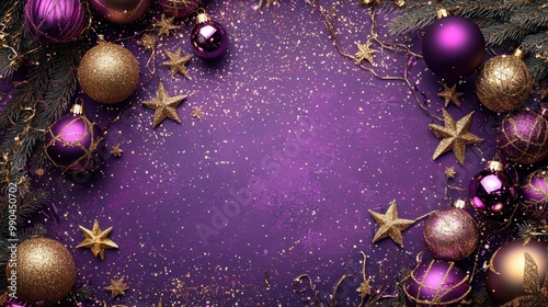 A luxurious purple background with gold ornaments and holiday decorations on a transparent background. 