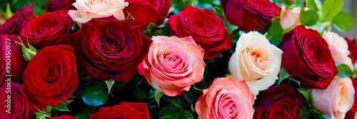 Bouquet of red, pink, white, orange roses close-up