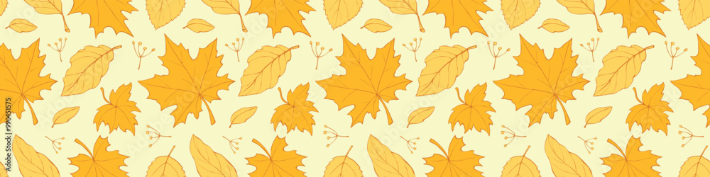 Fototapeta premium Seamless pattern falling leaves. Vector autumn yellow golden texture isolated, flat doodle style, outline. Concept of forest, leaf fall, nature, seasons