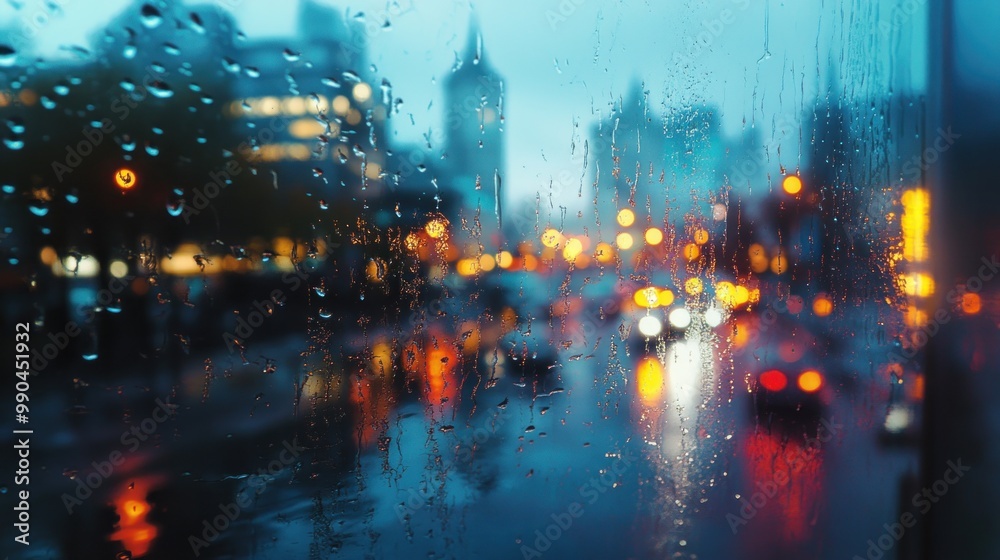 Raindrops on a window with a blurred city lights background. Raindrops on a window with a blurred city lights background.