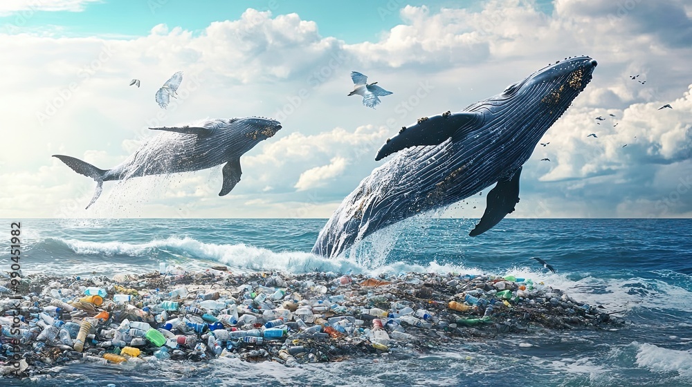 Naklejka premium Two Whales Leaping Over a Sea of Plastic Pollution