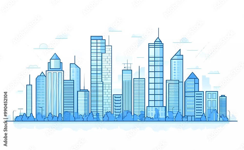 Blue city buildings, skyline vector illustration with white background. Modern architecture of urban landscape with a simple, minimalistic flat design of a town in a line art style