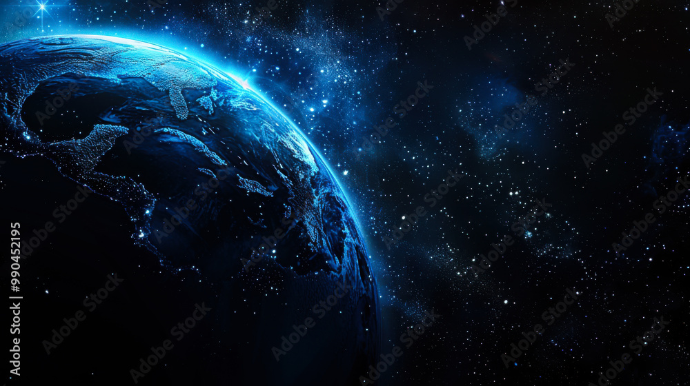 A stunning view of Earth illuminated in blue against the dark backdrop of space
