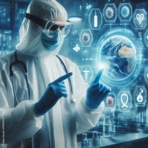 A scientist in protective clothing interacts with a holographic display showing Earth and global pandemic data. The image conveys global health concerns, technological advancements, and scientific