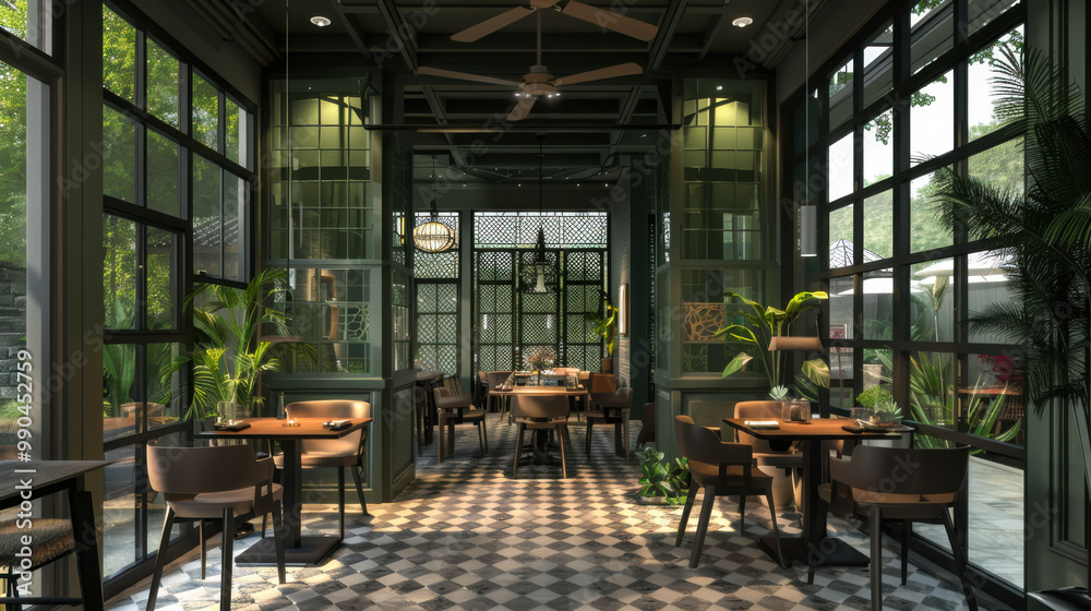 Naklejka premium Elegant dining area in a contemporary restaurant featuring lush greenery and decorative art
