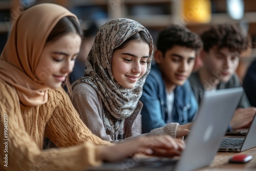 Group of high school students cooperate while e-learning on laptop in classroom, Generative AI