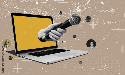 A hand holding a microphone extends from a laptop screen on a graphical abstract background.