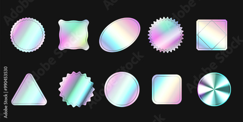 Holographic labels for sale badges, new arrival stickers, emblems, stamps. Shiny tags with holograms of different shapes. Holographic textured stickers. Vector isolated on black background