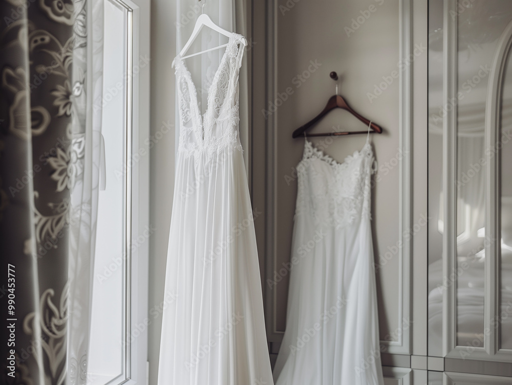 A flowing white wedding dress hanging near a window, perfect for showcasing bridal fashion and accessories. A flowing white wedding dress hanging near a window, perfect for showcasing bridal fashion and accessories.