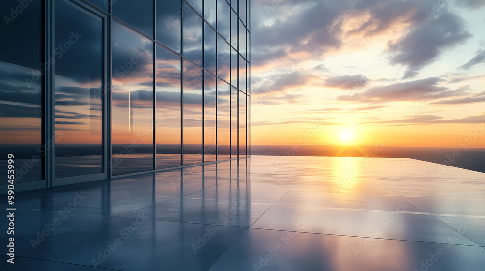 Fototapeta premium Glass architectural space reflecting sunset
