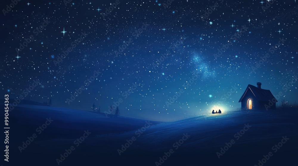Naklejka premium A religious Christmas background with a Nativity scene and a starry night on a transparent background. 