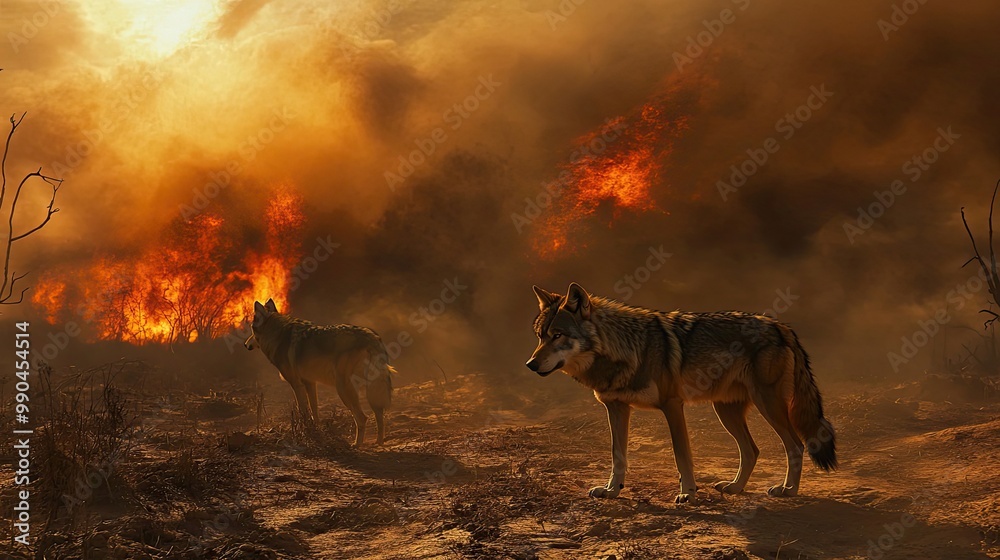 Two Wolves Standing in a Forest Fire Two Wolves Standing in a Forest Fire
