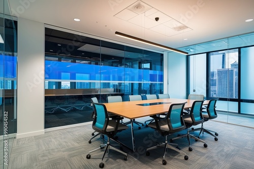 Expansive Glass Office Space with Strategy Table and Innovation Lab and Panoramic View Panels