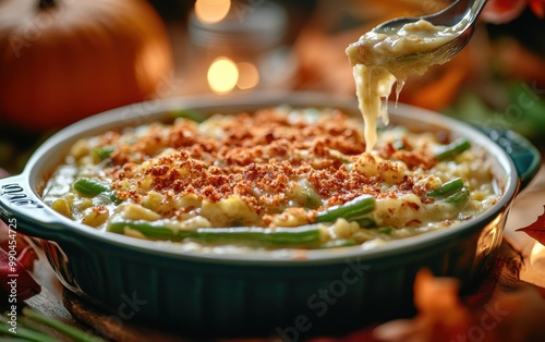 Delicious homemade cheesy casserole with green beans and a crispy topping, perfect for a cozy fall dinner. photo