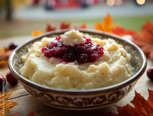 Bowl of creamy mashed potatoes topped with cranberry sauce on a wooden table with autumn leaves. photo