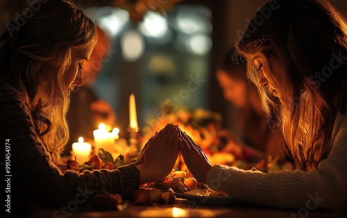 Two women holding hands and praying at a candle-lit dinner table. Warm and intimate setting, signifying gratitude and reflection. photo