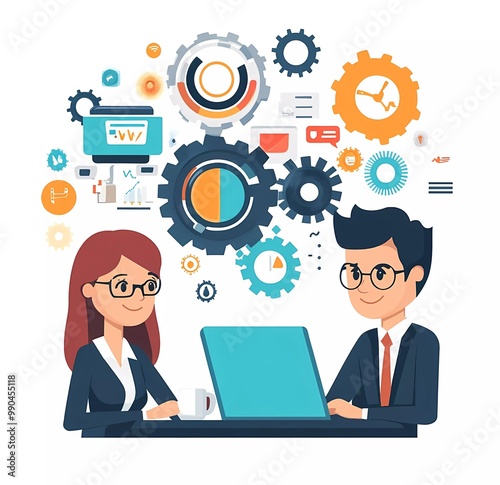 Flat illustration of people working together on laptops, surrounded by gears and abstract shapes representing innovation in business.