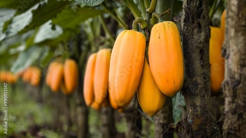 Close-up of ripe cocoa pods on trees in a plantation, showcasing the vibrant orange color and the lush green foliage. photo