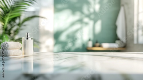 A sleek bathroom countertop with white towels and a dispenser bottle, with a blurred background of a green wall with leaves shadows.