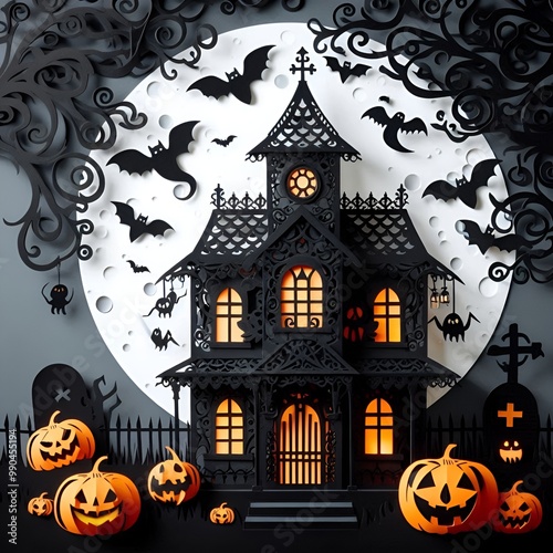 Halloween with pumpkins, bats and ghosts