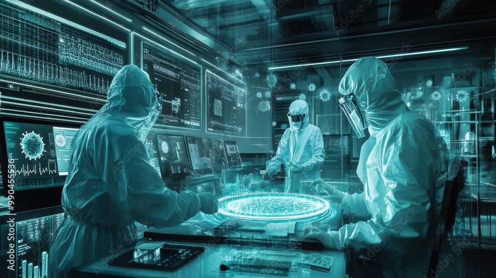 Scientists in Protective Gear Analyzing Glowing Viruses in Petri Dish Surrounded by Advanced Technology and Data Screens Scientists in Protective Gear Analyzing Glowing Viruses in Petri Dish Surrounded by Advanced Technology and Data Screens