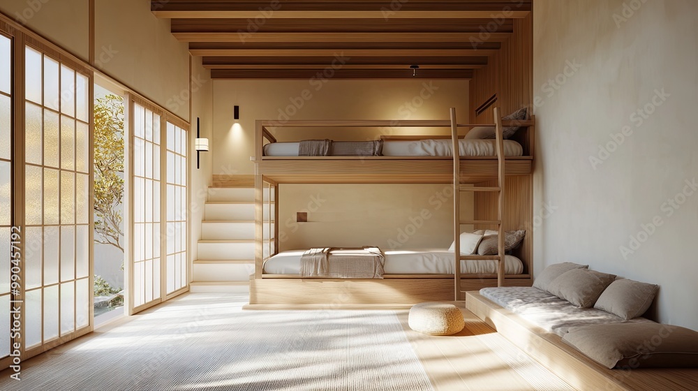 Minimalist bedroom with bunk beds in a Japanese style, featuring natural materials, clean lines, and an atmosphere of calm and simplicity. Minimalist bedroom with bunk beds in a Japanese style, featuring natural materials, clean lines, and an atmosphere of calm and simplicity.