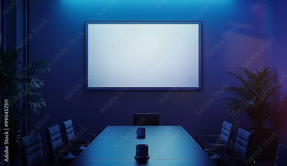 Dimly Lit Meeting Room with Blank Projector Screen and Blue Walls Dimly Lit Meeting Room with Blank Projector Screen and Blue Walls