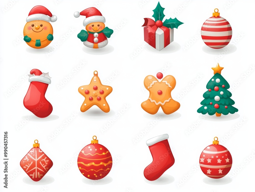 2408 22.A festive Christmas vector icon set with a collection of holiday-themed icons, including ornaments, snowflakes, stockings, candy canes, and gingerbread men. The bright and cheerful 2408 22.A festive Christmas vector icon set with a collection of holiday-themed icons, including ornaments, snowflakes, stockings, candy canes, and gingerbread men. The bright and cheerful