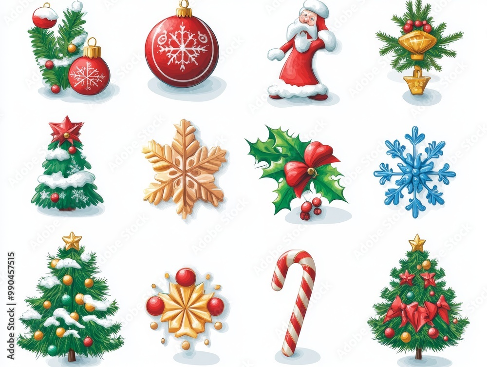 2408 23.A detailed vector set of Christmas icons featuring holiday staples like Christmas trees, snowflakes, candy canes, and festive baubles. The icons are brightly colored and intricately designed, 2408 23.A detailed vector set of Christmas icons featuring holiday staples like Christmas trees, snowflakes, candy canes, and festive baubles. The icons are brightly colored and intricately designed,