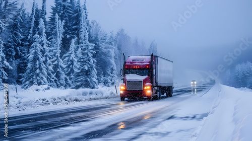 A truck carrying cargo in the winter on the highway in the evening. AI Generated