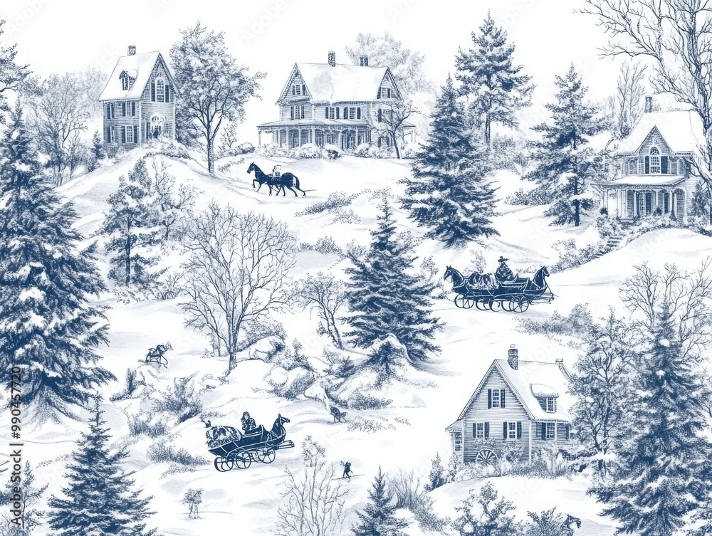 Naklejka premium 2408 27.A detailed winter snow scene in a vintage Toile de Jouy pattern, showcasing classic Christmas motifs such as Victorian-style houses, horse-drawn sleighs, and snow-covered pine forests. The