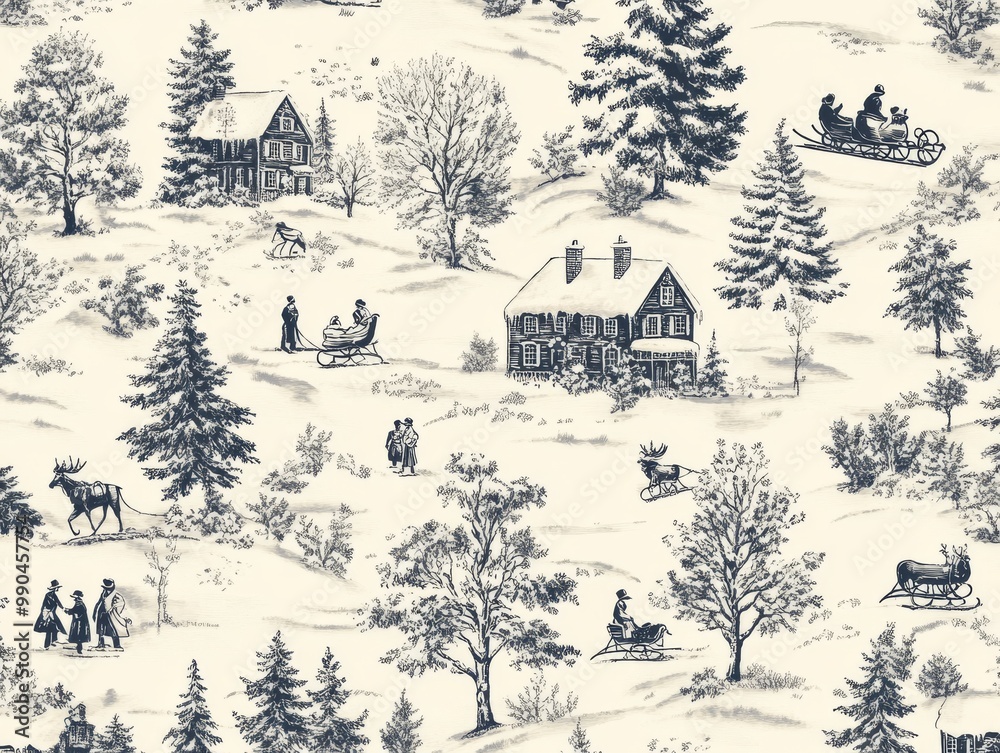 custom made wallpaper toronto digital2408 28.A vintage-inspired Christmas Toile de Jouy seamless pattern featuring a winter snow scene with old-fashioned holiday elements, including ornate cottages, sleigh rides, and people gathering