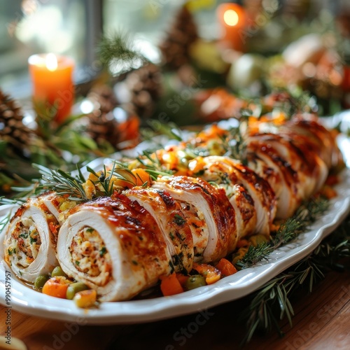 Festive stuffed turkey roulade garnished with vegetables and herbs, perfect for Christmas or holiday celebrations on a decorated table. photo