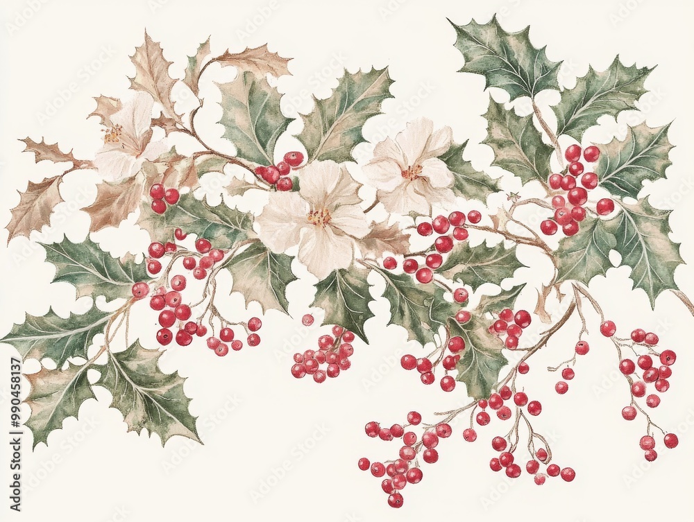 Fototapeta premium 2408 32.An elegant holiday illustration featuring Christmas flowers, branches, and holly with clusters of red berries. The delicate composition is perfect for festive greeting cards or New Year