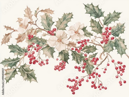 2408 32.An elegant holiday illustration featuring Christmas flowers, branches, and holly with clusters of red berries. The delicate composition is perfect for festive greeting cards or New Year